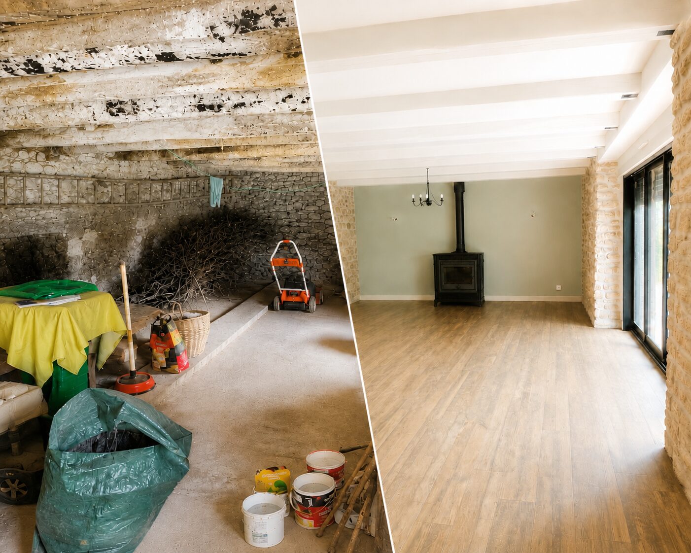 Grange transformée en pièce habitable avec utilisation de matériaux de qualité